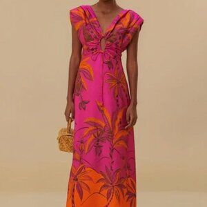 NWT FARM Rio Hot Pink & Orange Forest Beach Palm-Print Maxi Dress Size Medium